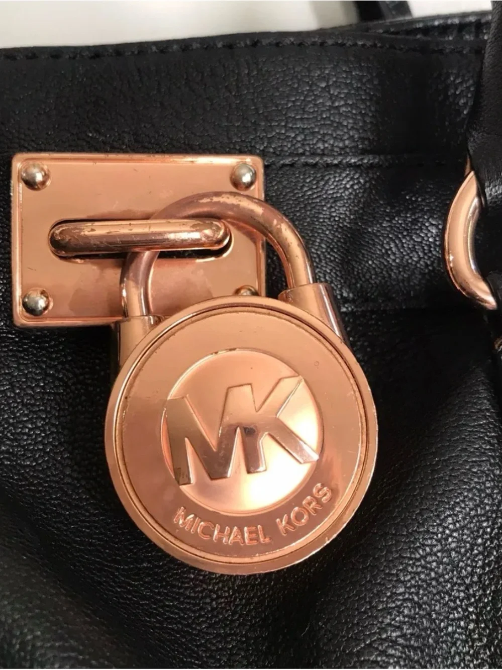 Michael Kors Black Hamilton Leather medium Satchal Tote with Rose Gold hardware